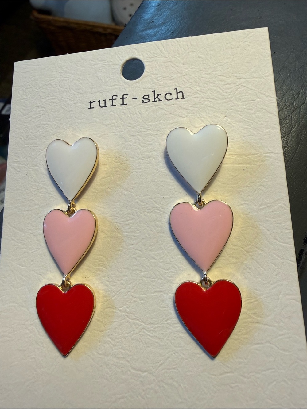 Triple Heart Drop Earrings in White, Pink & Red